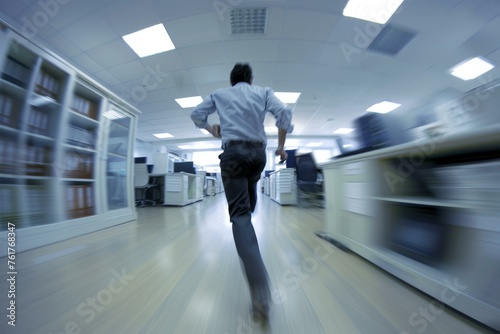 Man in business attire rushing through an office hallway