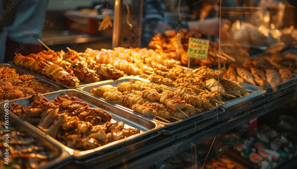 Assorted grilled seafood on skewers at a bustling night market stall illuminated by warm light