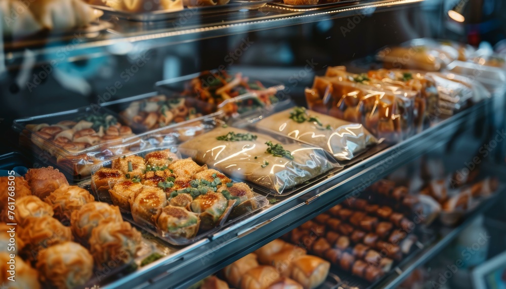 Assorted freshly baked goods displayed in a bakery's glass case