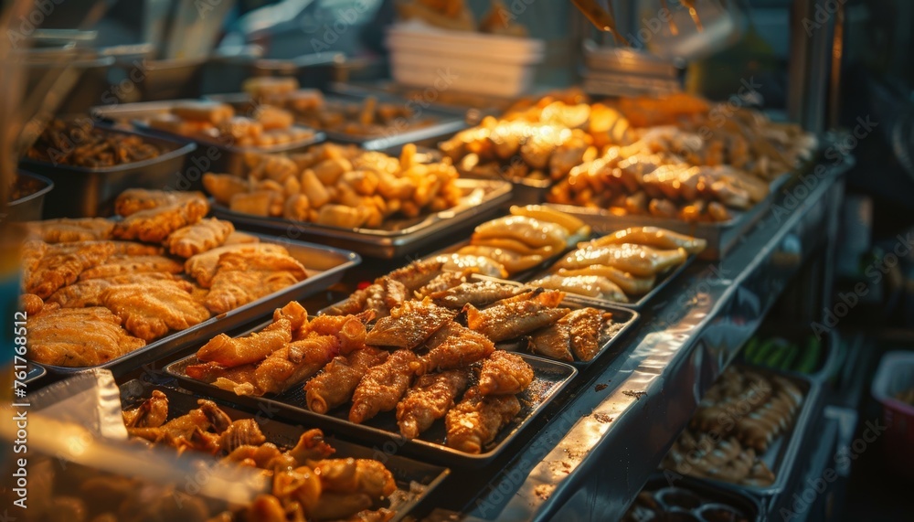 A warm display of assorted pastries at a local bakery counter with a variety of croissants and sweet treats illuminated under soft lighting.