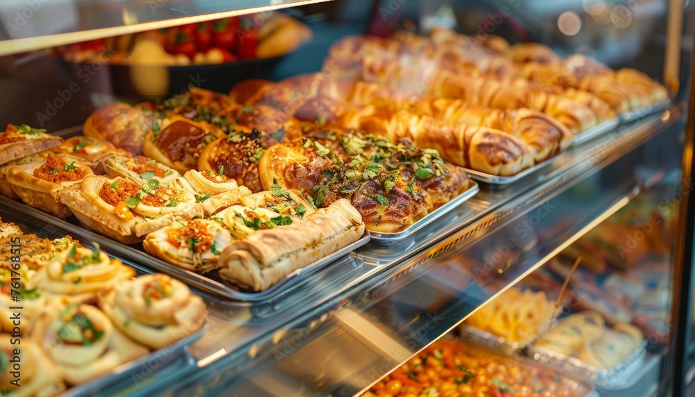 Assortment of freshly baked savory pastries displayed in a bakery case