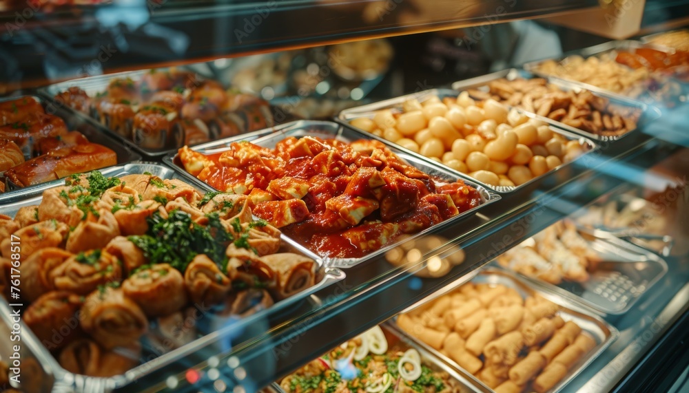 A colorful display of assorted dishes at a buffet with a focus on the vibrant red sauce-covered entree.