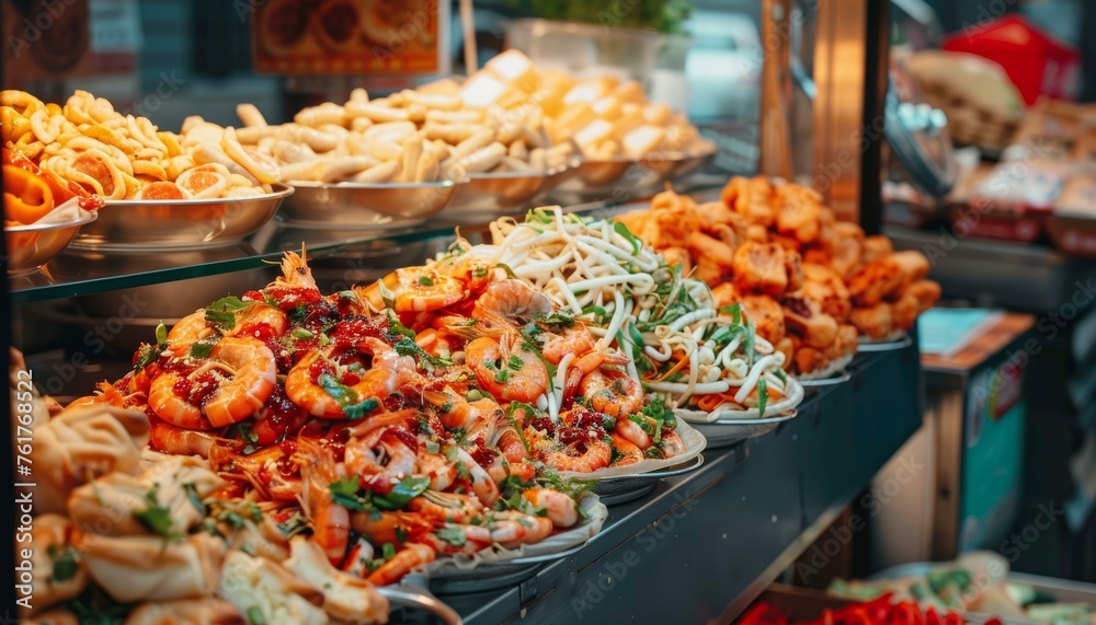 Vibrant street food stall displaying an array of Asian seafood dishes