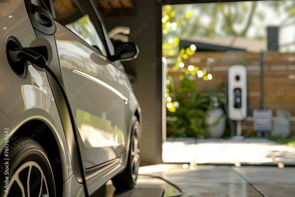 Electric car charging at a home station with a sunny backdrop