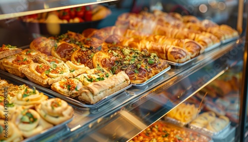 Assortment of freshly baked savory pastries displayed in a bakery case