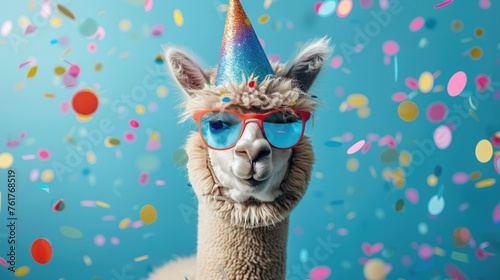 Festive Alpaca: A Hilarious Addition to Your Birthday or New Year's Eve Celebration - Party Hat, Sunglasses and Confetti!