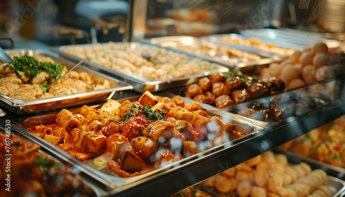 Assorted Asian dishes on display at a food counter with a focus on tofu and vegetables