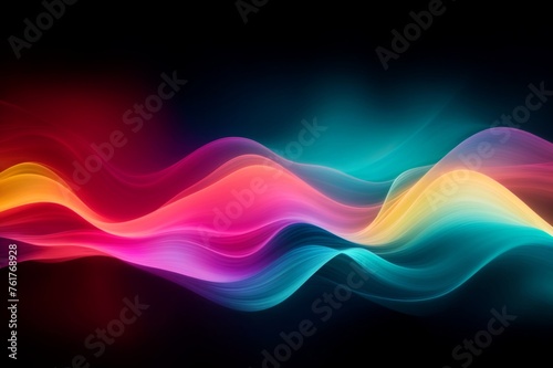 Flowing vibrant waves of color intersect against a dark backdrop 