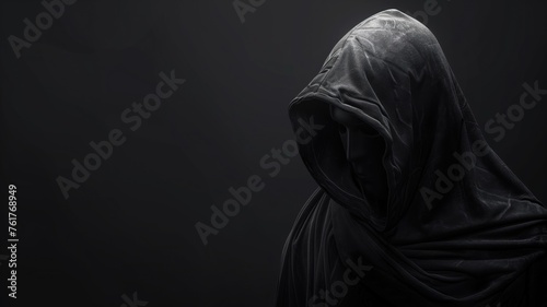 Dark silhouette of a mysterious person enveloped in a black cloak with a shadowy background