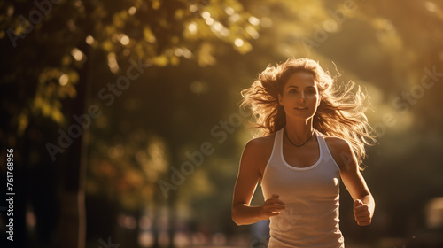 Woman jogging in a park during sunset.