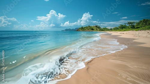 Sandy Beach With Blue Water and Green Trees