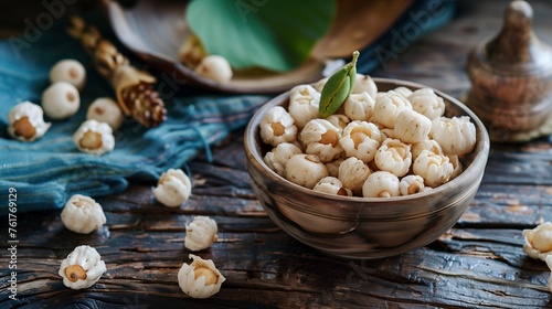 Makhana, commonly known as fox nuts or lotus seeds, are nutritious seeds harvested from the Euryale ferox plant, a member of the water lily family, predominantly grown in Asian wetlands and ponds. photo