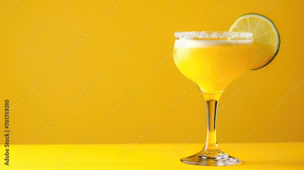 Refreshing lemon margarita with lime garnish against a vibrant yellow background Refreshing lemon margarita with lime garnish against a vibrant yellow background