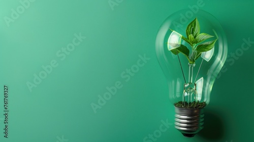 A single green leaf sprouts inside a clear light bulb on a solid green background, symbolizing eco-friendly innovation