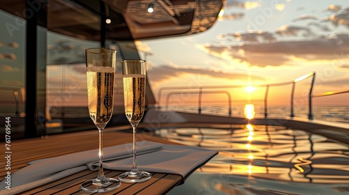 glasses of champagne on the deck of a yacht during sunset or sunrise so that the sunlight softly illuminates them, creating a mesmerizing and realistic glow.