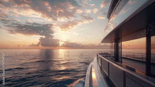 picturesque views of the sea and horizon, highlighting the luxurious ambiance of the yacht. This contextualizes the scene and adds depth to the photo, making it more exciting and realistic. photo