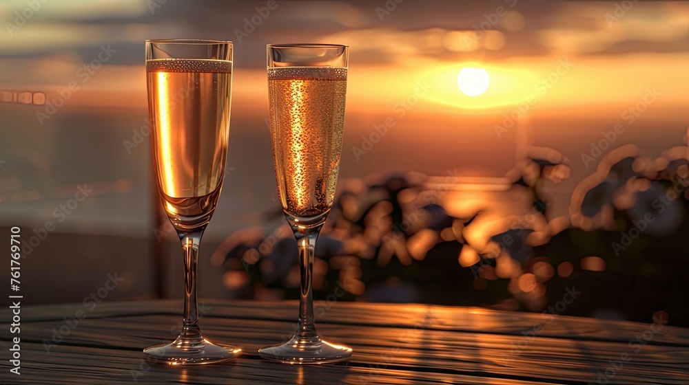 A glass of prosecco on the deck of a yacht during sunset or sunrise to enhance the warmth and atmosphere of the scene. The glass is positioned so that golden light illuminates the stage.