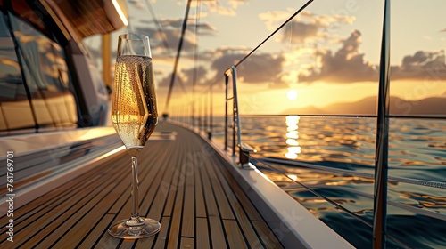 A glass of prosecco on the deck of a yacht during sunset or sunrise to enhance the warmth and atmosphere of the scene. The glass is positioned so that golden light illuminates the stage. photo