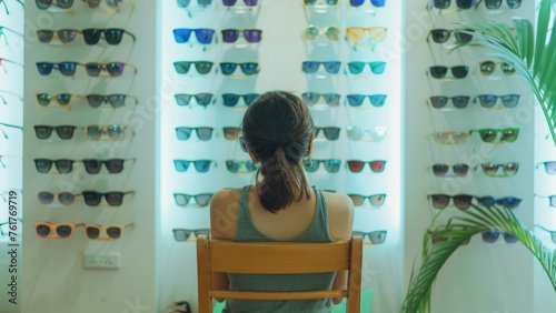 Girl in a glasses store. Eyesight check. optics. woman sitting with her back