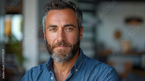 Bearded Man in Blue Shirt