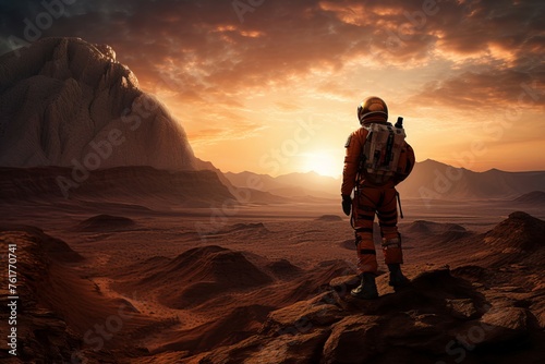 Astronaut mars looking rocky ground region. Cosmonaut panoramic celestial discovery. Generate Ai