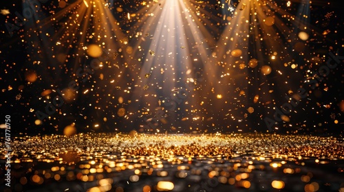 Golden Shower of Confetti on Festive Stage with Light Beam: Perfect for Award Ceremonies, Jubilees, and New Year's Parties!
