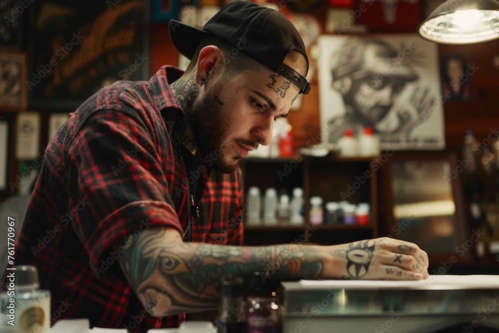 tattooartist working in tattoo studio
