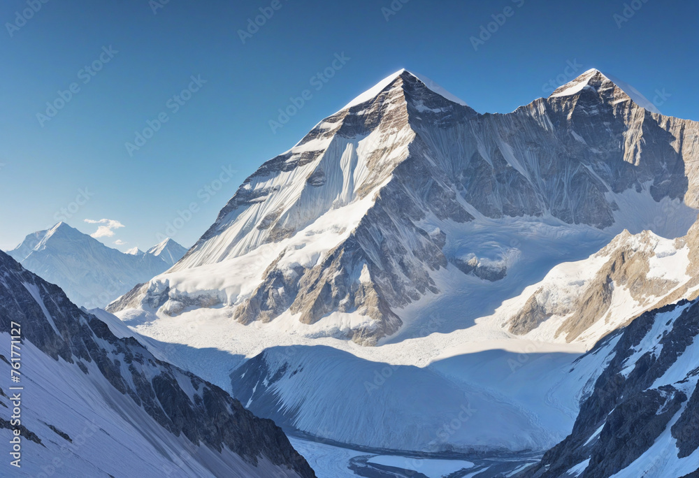 a white backdrop with an illustration of Mount Everest. 