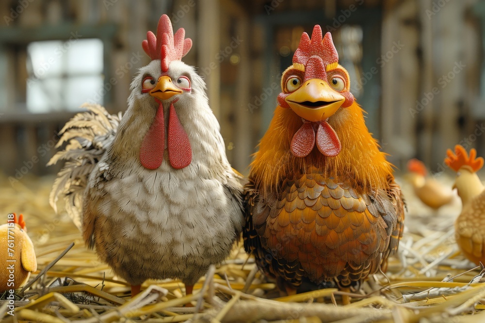 Cartoon characters of a Chicken and a rooster. 3d illustration
