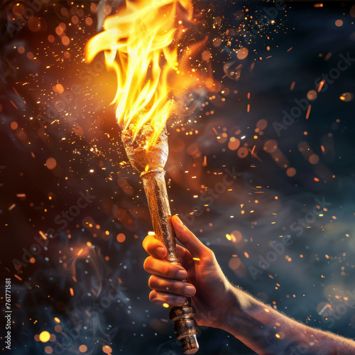 Photo of a hand holding the Olympic torch, symbolizing the spirit of the Olympic Games. Ideal for sports magazines, event promotions, or Olympic-themed social media posts.