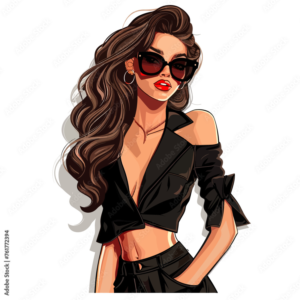 Beautiful brunette girl in sunglasses. Vector illustration on white background.