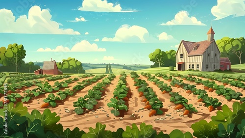Field of growing carrots, cartoon carrot farm vegetation plot. growing vegetables, crops. landscape with fields.