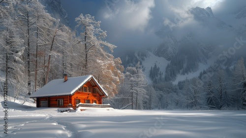 Snowy Landscape With Cabin