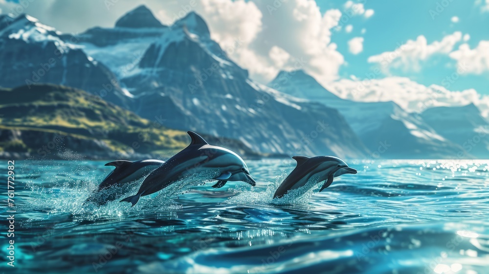 Fototapeta premium dolphins jumping out of the water against the backdrop of the mountains