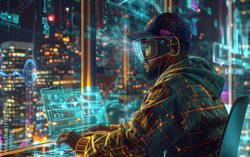 Portrait of a young man gamer or programmer in augmented or virtual reality glasses in the neon light of a gaming cyber space. Integration of virtual reality into everyday life concept