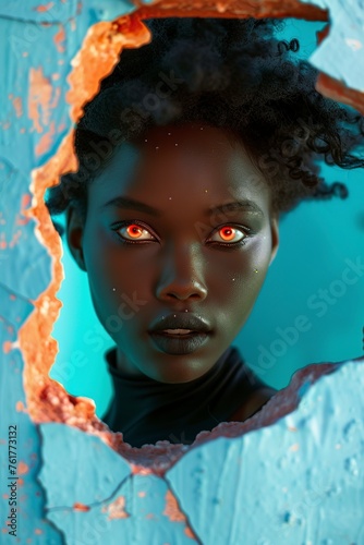 Young Woman With Red Eyes Looking Through a Hole