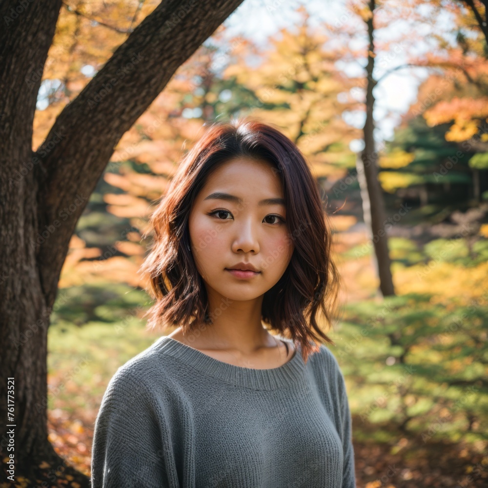 Lady in vibrant autumn setting with soft sunlight casting a warm glow Lady in vibrant autumn setting with soft sunlight casting a warm glow