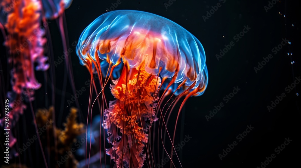 A glowing jellyfish deep underwater on a black background A glowing jellyfish deep underwater on a black background