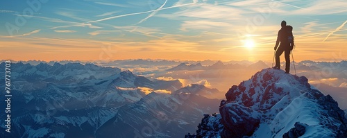 Silhouette of a man on top of a mountain peak photo