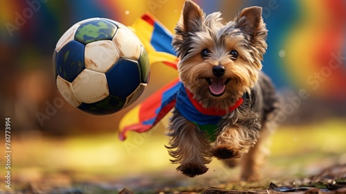 yorkshire terrier on play football