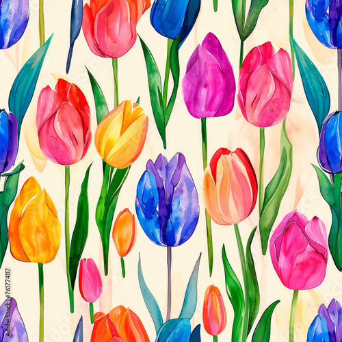 Whimsical tulip watercolor flowers seamless pattern  bright colored abstract background