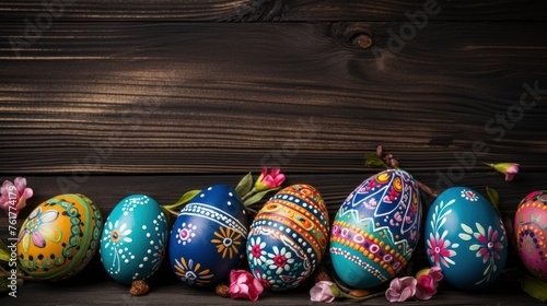 Easter eggs on wooden background - generative ai
