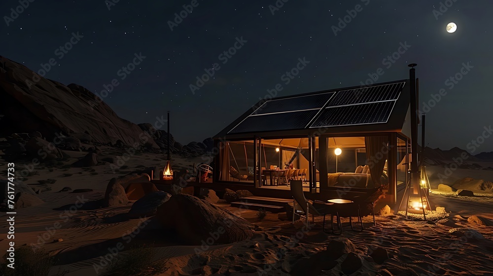 Outdoor camping with electricity comfort. camp with beautiful scenery evening landscape background. no people, outdoor activities. Generative AI