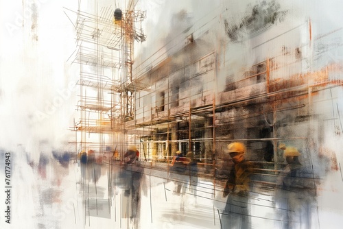 Sketch of new construction and blurry construction worker, construction background, construction worker, construction banner, construction building   © MH