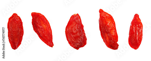 Set macro dried Chinese wolfberries, goji berries isolated on white background, top view