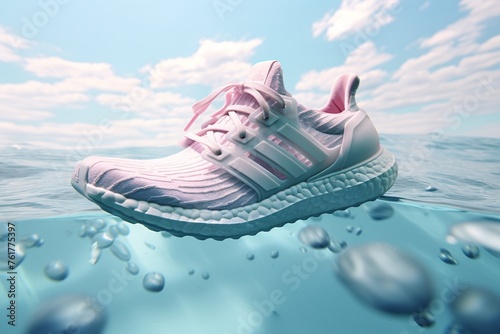 a pink shoe floating in water