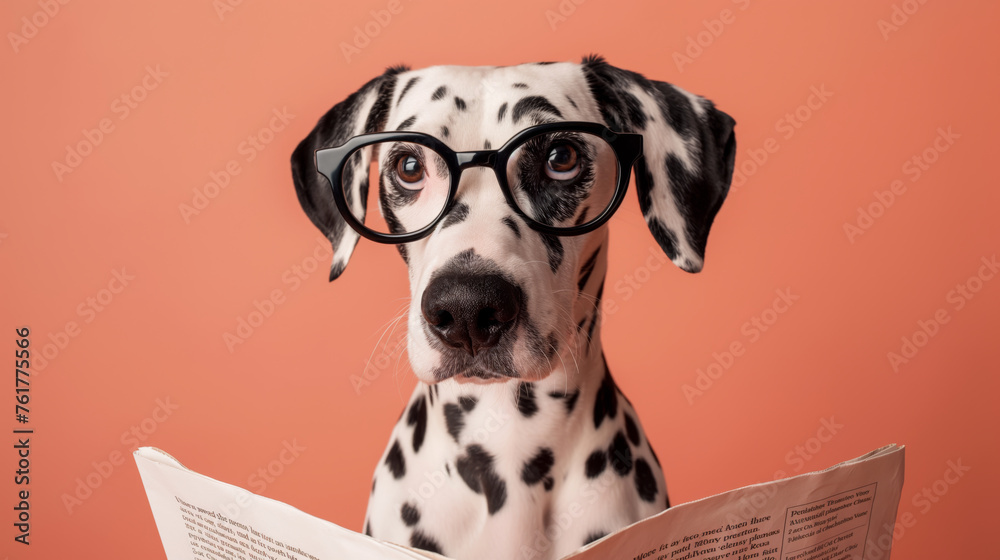 Captivating Image of Dalmatian Dog in Glasses Reading Newspaper Against Peach Fuzz Background