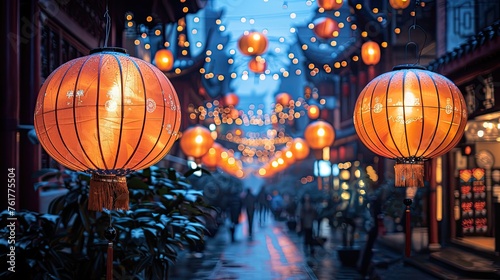 Celebrating Chinese New Year with Colorful Lanterns on Decorated Streets © hisilly