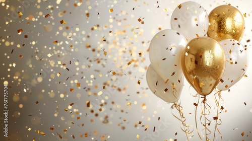 Golden Festivity: A Vibrant Banner Background with Balloons and Shimmering Confetti for Celebratory Occasions photo