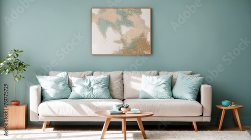 Modern and cozy living room set up with a white sofa, aqua walls, and sleek decor  © Fred